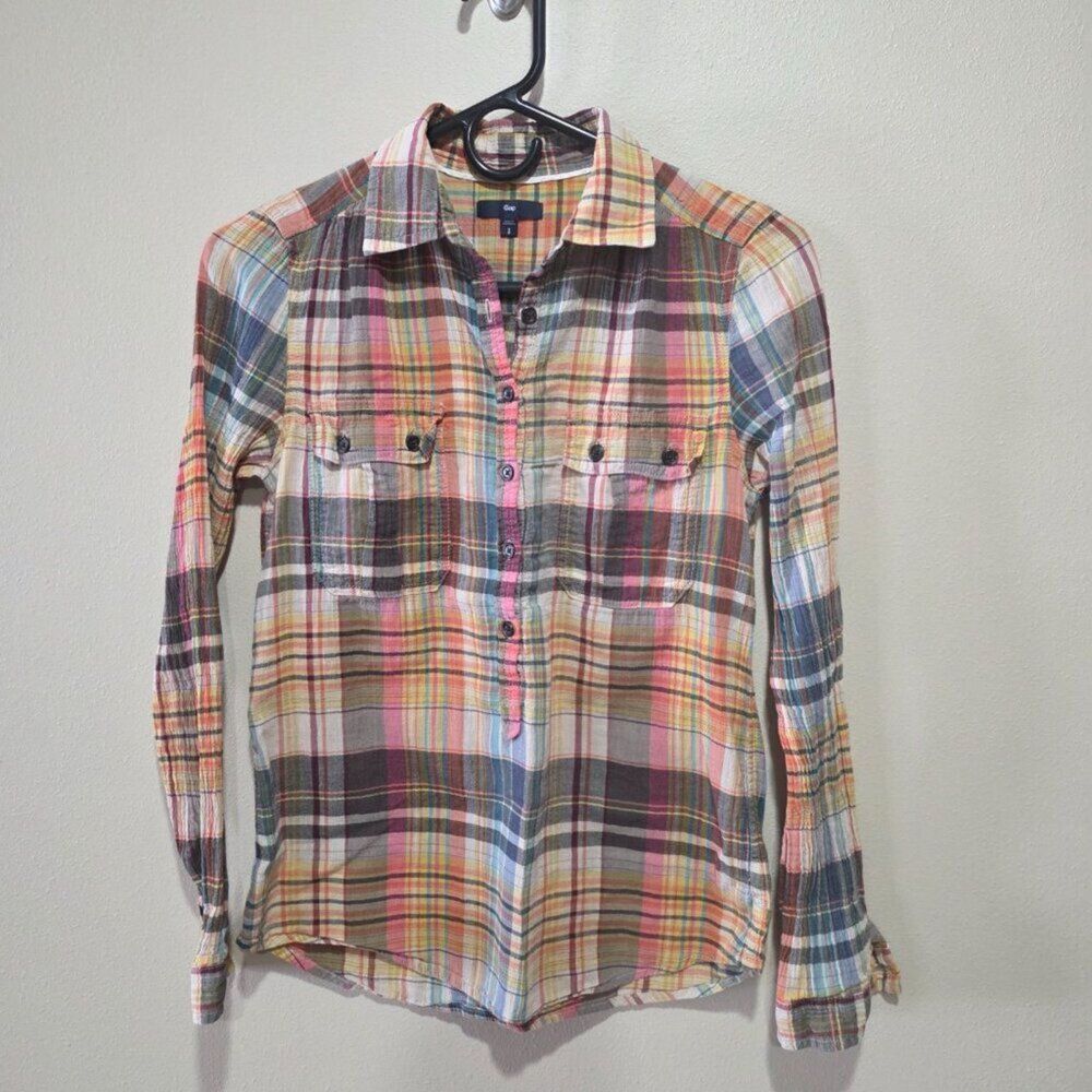 Gap Plaid Popover Shirt S Multicolor 100% Cotton Half Button Top Cinched Sleeve - Picture 2 of 9